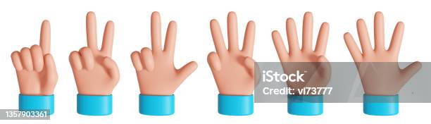 Back View Cartoon Hand Showing Fingers From One To Five Rating Or Countdown Design Elements 3d Rendered Image Stock Photo - Download Image Now