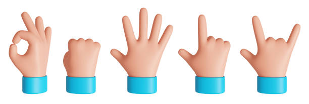 istock Front view cartoon hand showing gestures. Rock, ok and pointed finger signs. 3D rendered image. 1357903362