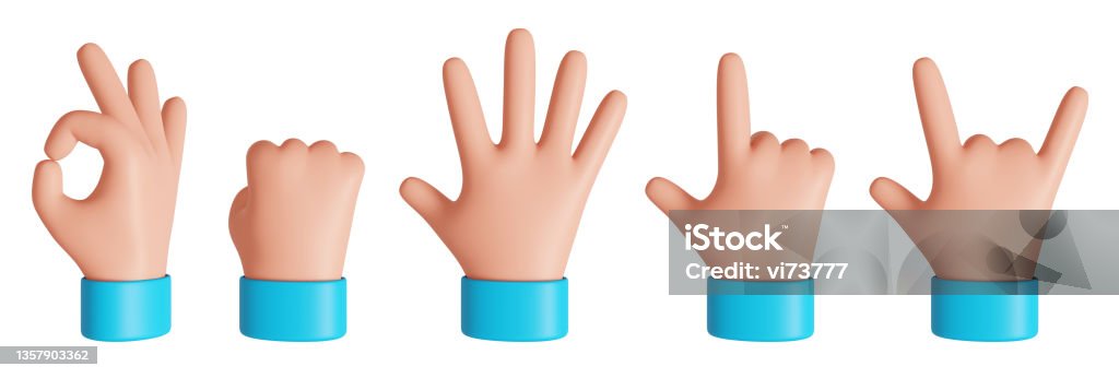 Front view cartoon hand showing gestures. Rock, ok and pointed finger signs. 3D rendered image. Front view cartoon hand showing gestures. Rock, ok and pointed finger signs. 3D rendered image Three Dimensional Stock Photo