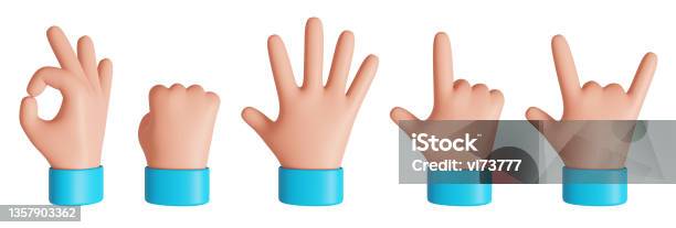 Front View Cartoon Hand Showing Gestures Rock Ok And Pointed Finger Signs 3d Rendered Image Stock Photo - Download Image Now