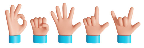 istock Back view cartoon hand showing gestures. Rock, ok and pointed finger signs. 3D rendered image. 1357903365