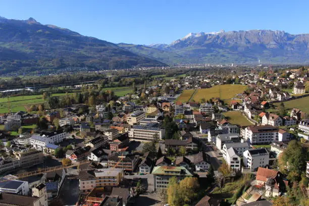 Aerial view of Vaduz, the capital city of Liechtenstein in Europe