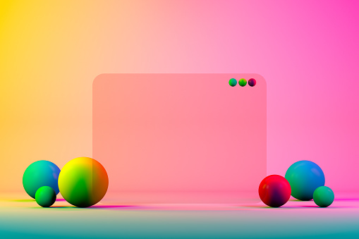 3d render, Glass Frame Window on with Spheres on Colorful Background