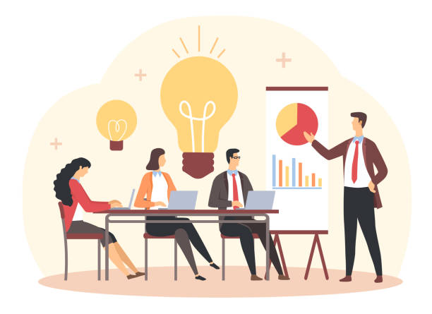 Business team brainstorm Business team brainstorm. Boss giving presentation. Boss asks subordinates for advice. Meeting of board of directors, strategic planning, company development. Cartoon flat vector illustration start ups stock illustrations
