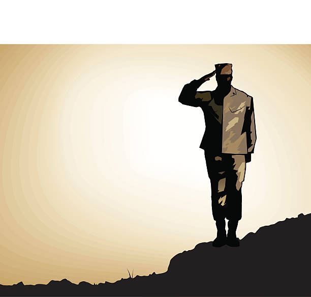 Lone Soldier Salute A US marine salutes on a rocky ridge. Fully layered. soldier stock illustrations