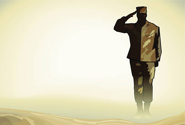 illustrazioni stock, clip art, cartoni animati e icone di tendenza di lone soldato salute nel deserto - armed forces saluting marines military