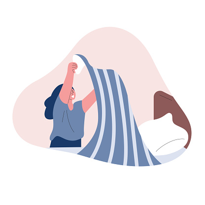 Woman make the bed. Vector illustration in flat style.