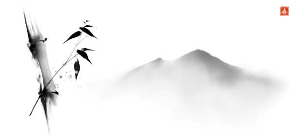 istock Ink painting with bamboo and far mountains on white background. Traditional oriental ink painting sumi-e, u-sin, go-hua. Translation of hieroglyph - eternity 1357908863