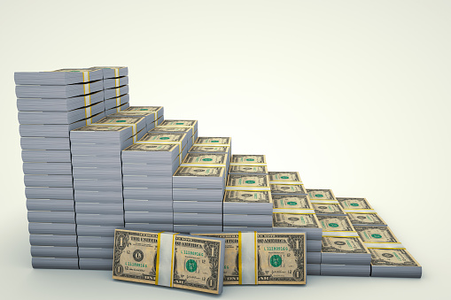 Gráfico de pilas de dinero. Un dólar. Ilustración 3D