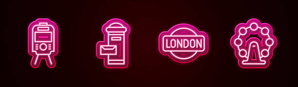 ilustrações, clipart, desenhos animados e ícones de definir linha bonde e ferrovia, caixa de correio de londres, sinal e olho. ícone de neon brilhante. vetor - mailbox london england red british culture