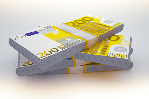 Pila de billetes euro. Doscientos. Ilustración 3D