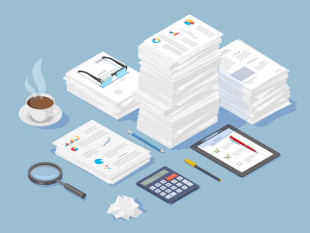 Large stack of complex paper documents, magnifier calculator, coffee cup, stationery. Large stack of complex paper documents, magnifier calculator, coffee cup, stationery. Symbol of accounting, classical financial analysis, work with documents and bureaucracy.
isometric concept. tax authority stock illustrations
