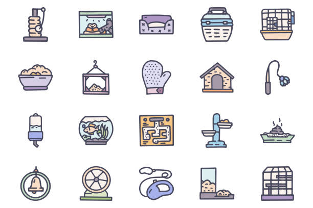 ilustrações de stock, clip art, desenhos animados e ícones de pet shop color vector doodle simple icon set - color image dog snake pets