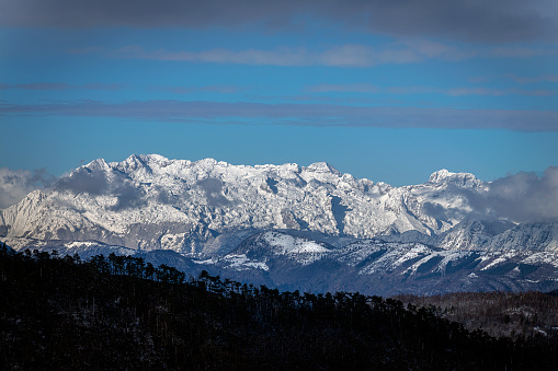 Winter view of the snowy  Kanin mountain, Primorska, Julian Alps, Slovenia, Europe
