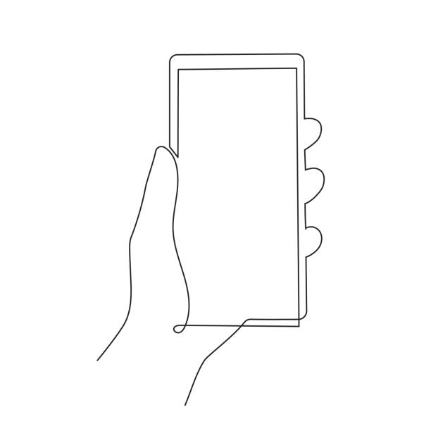 Hand holding smartphone one line art, continuous contour.Mobile device with blank screen.Doodle, sketch style, minimalist design. Editable stroke Editable stroke. Isolated. Vector illustration telephone line stock illustrations