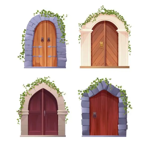 Vector illustration of Antique medieval wooden door with metal round handle, stone arch and climbing ivy plant. Entrance, gate in a castle, church or house.