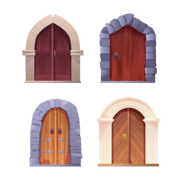 istock Antique medieval wooden door with metal round handle and lined with stones. Cartoon vector illustration for 2d game. Gothic entrance, gate in a castle, church or house. 1357912831