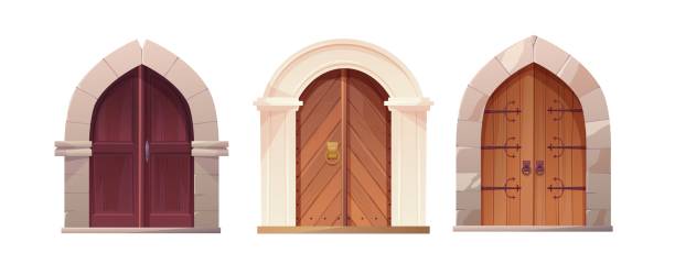 istock Antique medieval wooden door with metal round handle and lined with stones. Cartoon vector illustration for 2d game. Gothic entrance, gate in a castle, church or house. 1357912848