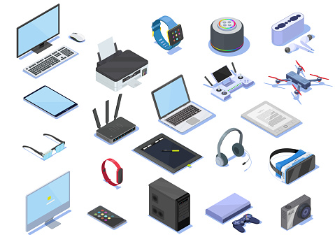 3d detail illustration  set with gadget isometric  icons.  Different electronic gadgets for communication playing music photo and other functions. Modern wireless technologies, smart devices.