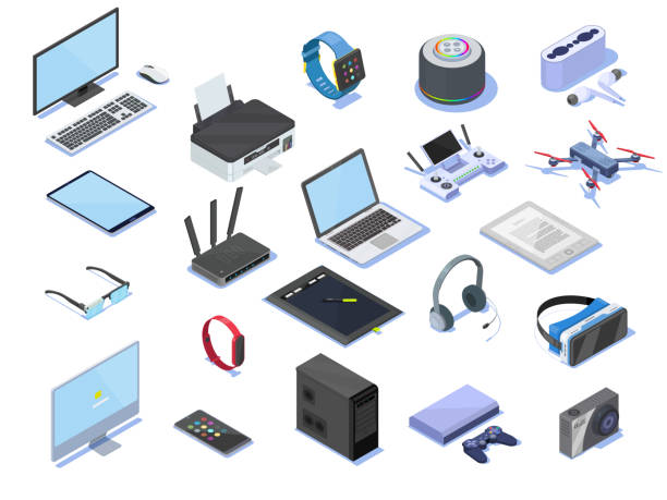 Modern wireless technologies, smart devices. 3d detail illustration  set with gadget isometric  icons.  Different electronic gadgets for communication playing music photo and other functions. Modern wireless technologies, smart devices. router vector stock illustrations