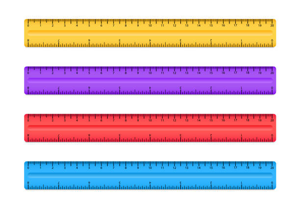 illustrations, cliparts, dessins animés et icônes de ensemble de règles de couleur. règle avec pouces et cm double mesure latérale. règle en plastique avec échelle 20 cm. échelle de mesure. papeterie scolaire. illustrations vectorielles. - inch