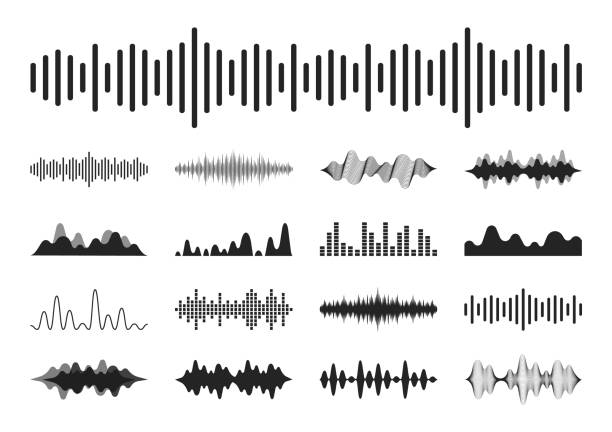 ilustrações, clipart, desenhos animados e ícones de ondas sonoras definidas. equalizador de som moderno. ícones de ondas de rádio. símbolos de nível de volume. frequência musical. equalizadores digitais abstratos para o aplicativo de música. ilustração vetorial. - arco equipamento musical