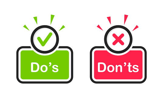 Do and Don't icons. Check mark and cross. Like and dislike symbols. Positive and negative signs. Vector illustration.