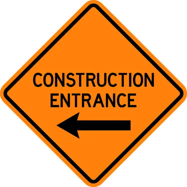 Vector illustration of Construction entrance with left arrow caution sign.