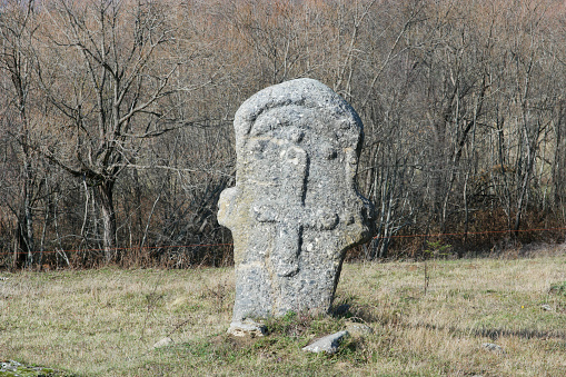 Maculje, Novi Travnik, Central Bosnia Canton, Federation of Bosnia and Herzegovina - November 2021: Nekropola sa stećcima Maculje: Graveyard with medieaval monumental tombstones, world cultural heritage site. Stecak