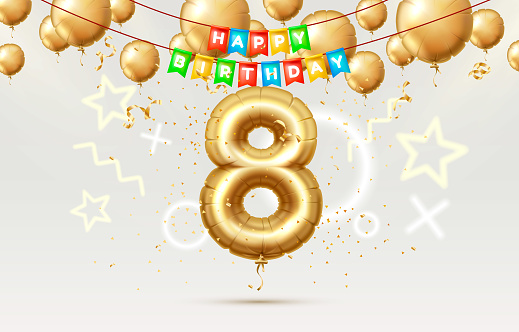 Happy Birthday 8 years anniversary of the person birthday, balloons in the form of numbers of the year. Vector illustration