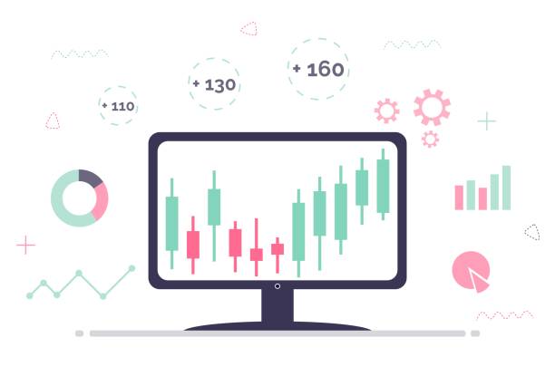 illustrazioni stock, clip art, cartoni animati e icone di tendenza di concetto di trading in borsa. grafico del mercato azionario sullo schermo del monitor. analisi tecnica grafico a candele. strategia finanziaria di trading. illustrazione vettoriale piatta su sfondo bianco. - pie chart graph chart white background