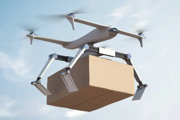 Delivery of parcels using a flying drone. Dropping a parcel at its destination