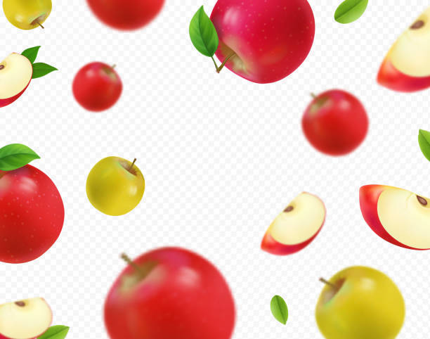 Flying colorful apples. falling red apples Flying colorful apples. Advertising background falling red apples realistic with blurred effect. 3d vector. green apple slices stock illustrations