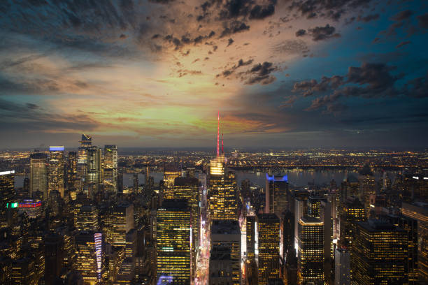 New York Manhattan skyline by night after sunset
