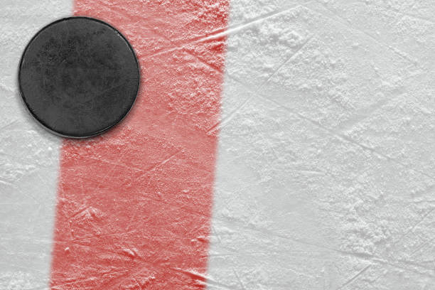 istock Ice hockey puck with red line 1357925894