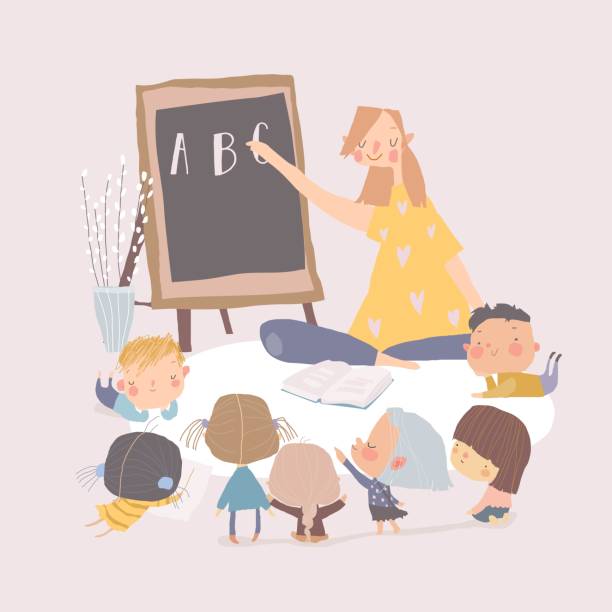istock Cartoon Cute Teacher with Funny Preschoolers in the Classroom 1357927075