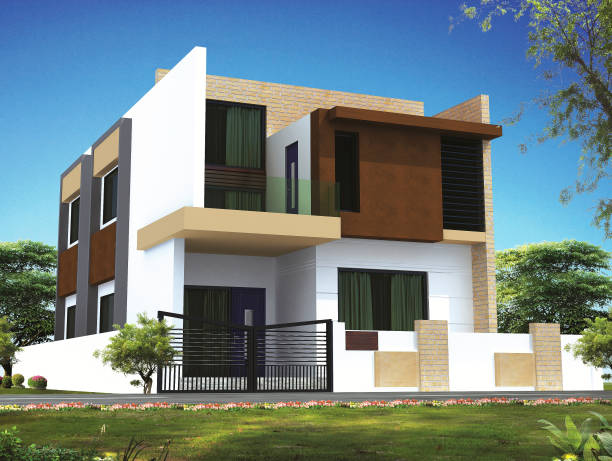 istock 3D rendering of a big two storage house exterior design with brown components 1357935500
