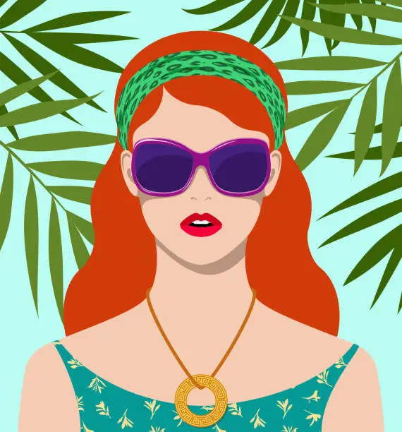 Vector illustration of Beautiful redhead woman wearing large fashionable sunglasses