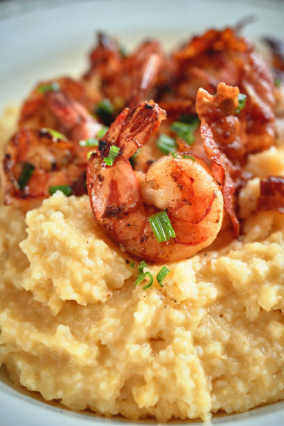 istock Creamy Grits with Fried Shrimps and Bacon 1357939233