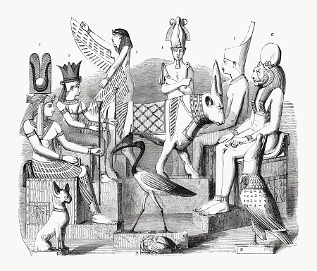 Ancient Egyptian gods and goddesses: 1) Amun; 2) Mut; 3) Isis; 4) Osiris; 5) Amunet; 6) Sachmet; 7) Apis; 8) Horus; 9) Thoth; 10) Bastet; 11) Khepri. Wood engraving, published in 1862.