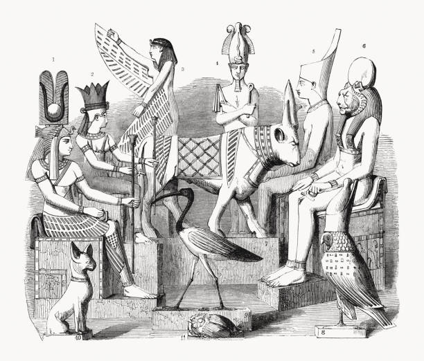 Ancient Egyptian gods and goddesses, wood engraving, published in 1862 vector art illustration