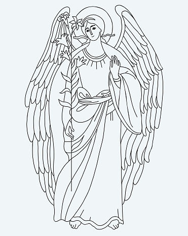 Archangel Gabriel with lily. Heavenly messenger. Vector illustration.Religious outline Hand Drawing
