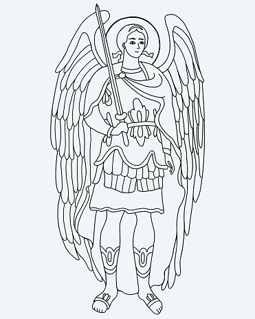 protector Archangel Michael in armor with sword. Vector illustration. Outline hand drawing. Religious concept for Catholic and Orthodox communities and holidays of Saint Michael Archangel