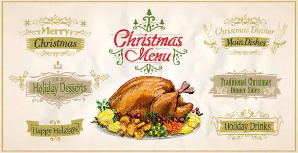 Vector illustration of Christmas menu board with traditional roasted turkey and other dishes - christmas holiday desserts and holiday drinks