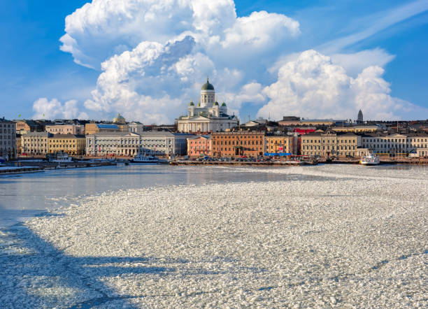 Helsinki cityscape with Helsinki Cathedral in winter, Finland stock photo