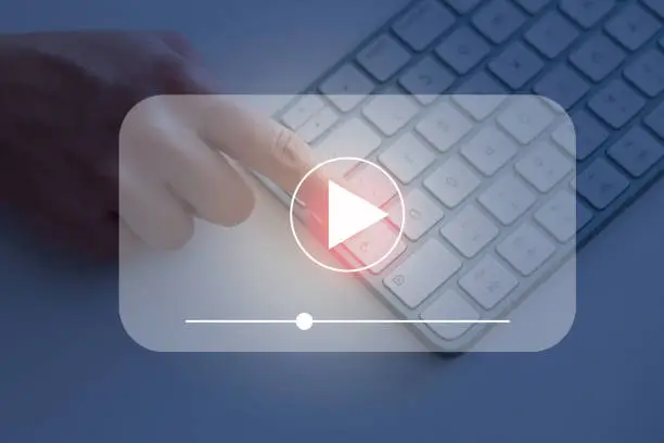 Photo of Video Marketing Concept.Hand pressing transparent button