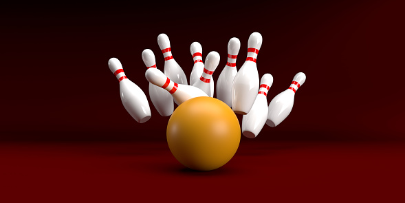 3D render bowling concept: Striped white bowling pins. Yellow ball hitting skittles on dark red background with dropped shadow and copy space. Illustration of bowling strike. Template poster for Sport competition or Tournament.