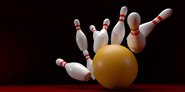 istock Bowling game strike winner ball crashing into pins 1357945218