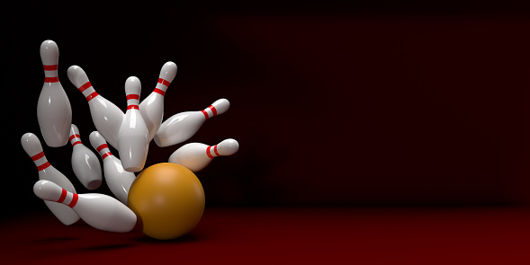 3D render bowling concept: Striped white bowling pins. Yellow ball hitting skittles on dark red background with dropped shadow and copy space. Illustration of bowling strike. Template poster for Sport competition or Tournament.