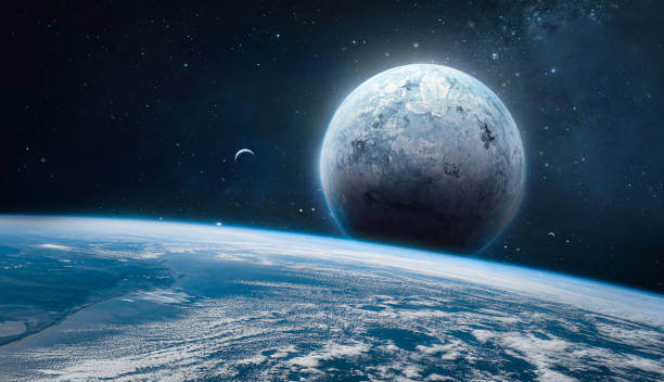 istock Blue planets in outer space. Earth and satellite on orbit. Sci-fi concept art. Stars and deep space. Elements of this image furnished by NASA 1357945920